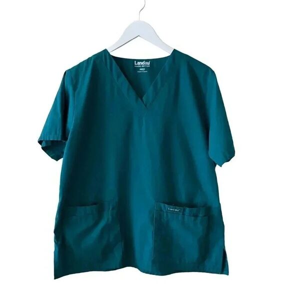 Landau Green V Neck Cotton Unisex Short Sleeves Scrub Top SZ M - Picture 1 of 11
